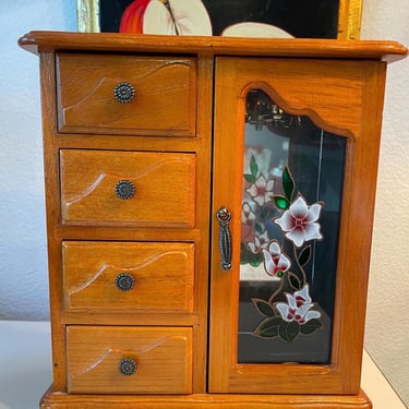 Vintage Wood Jewelry Armoire Storage Oak Stained Glass Cabinet  | Jewelry Cabinet Drawer Stained  Flower Glass Door |  Storage Cabinet 