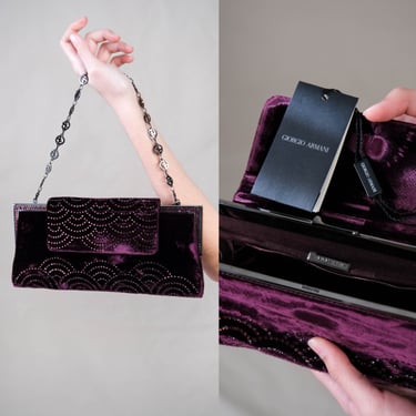 GIORGIO ARMANI Merlot Velvet Art Deco Rhinestone Convertible Handbag Clutch w/ Original Tags | Made in Italy | Designer Handbag Deadstock 