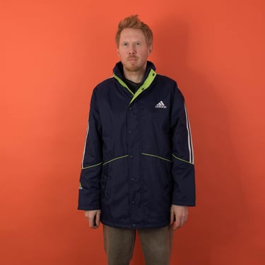 Vintage Adidas bench coat, mens 90s Adidas navy jacket - Large 