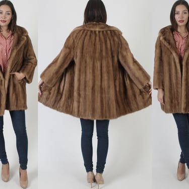 Womens Autumn Haze Mink Coat / Vintage 60s Real Fur Cropped Jacket / Large Full Collar Overcoat With Pockets 