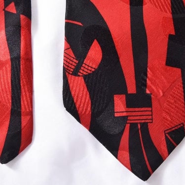 Pierre BALMAIN Couture WHITE LABEL Red & Black Silk Men’s Necktie, Suit Tie Vintage Art Deco style Print, Designer 1980's, 90's 