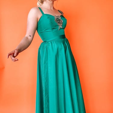 1980s Emerald Green and Silver Gown, sz. S