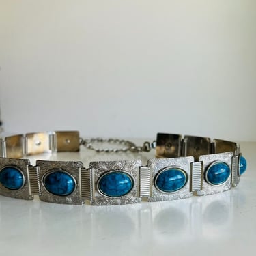 Vintage 90s Silver Blue Gemstone Studded Chain Link Western Belt - M/L 