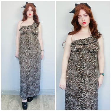 Y2K Microfiber Leopard Print One Shoulder Maxi Dress / Vintage Ruffled Animal Print Poly Spandex Gown / Small - Medium 