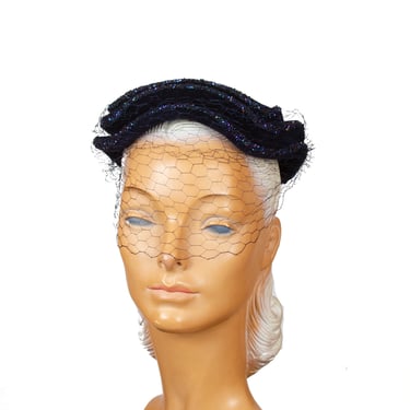 1950s Hat ~Navy Blue Beaded Felt Pleated French Cap Hat with Veil 