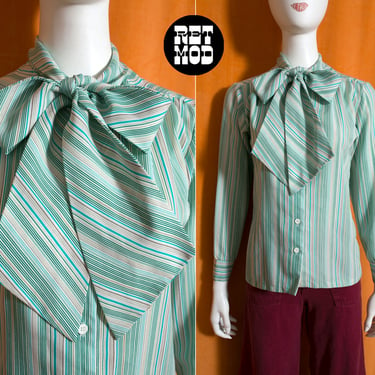Lovely Vintage 70s Green White Pinstripe Pussybow Long Sleeve Blouse 