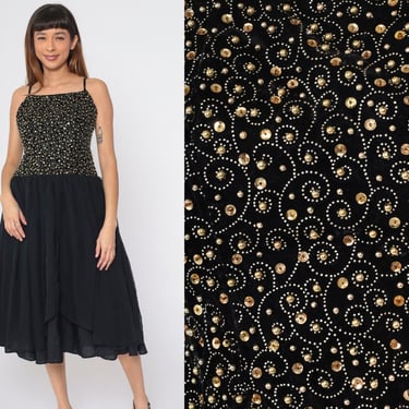 Chiffon Beaded Dress 80s Black Gold Sequined Velvet Party Dress Midi Flowing Drop Waist Formal Vintage Spaghetti Strap 1980s Evening Small 6 