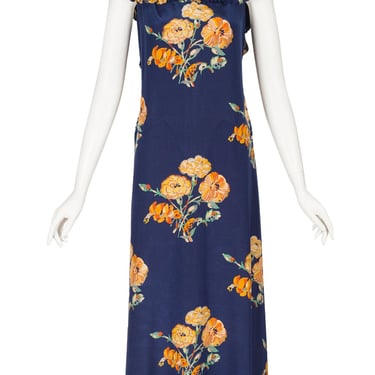 1930s Vintage Orange Floral Navy Blue Silk Pleated Trim Bias Cut Gown 