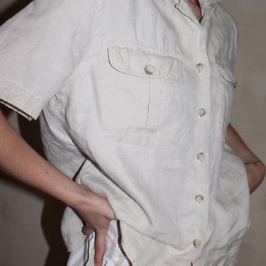 Vintage Pure Linen Safari Short Sleeve Blouse