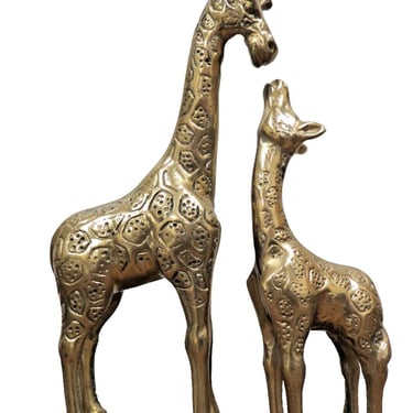 2 Vintage Brass Giraffes - Mother & Baby Giraffe Figurine Statue Sculpture 