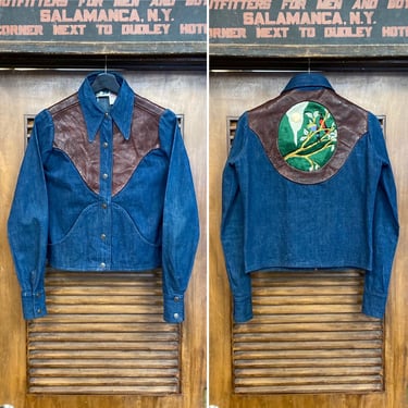 Vintage 1970’s “Antonio Guiseppe” Denim X Leather Nature Embroidery Hippie Shirt Jacket, 70’s Vintage Clothing 