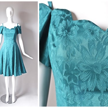 vtg 1990s Karen Lucas for Niki turquoise blue floral brocade off shoulder fit and flare pinup dress | 1990s scalloped neckline | size 8 
