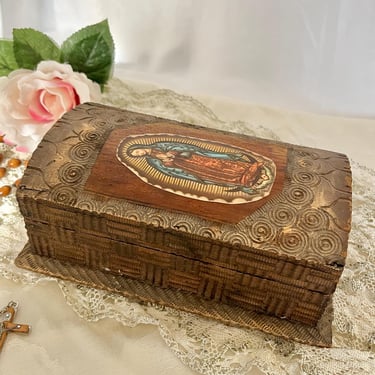 Rustic Carved Box, Our Lady of Guadalupe, Very Old, Vintage Wood Decor, Trinket Box, Prayer Box 