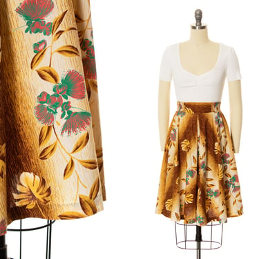 Vintage 1950s Skirt | 50s Hawaiian Floral Printed Cotton Shirred High Waisted Full Summer Tiki Swing Skirt (x-small/small) 