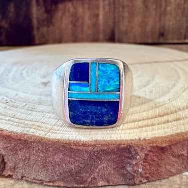 DEEP OCEAN Turquoise & Sterling Geometric Inlay Ring Mens | Native American Handmade Silver | Southwestern Jewelry | Size 10, 10 1/2 