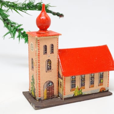 Antique German Church House for Christmas Putz or Nativity, Vintage Cardboard Toy, East Germany 
