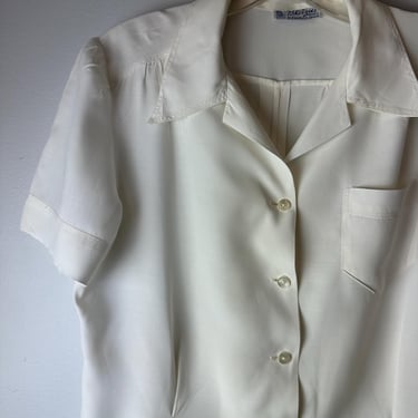 1940’s cold rayon White Romper/ onesie style blouse~ Plus size vintage~ pointy collar pleated back~ unique one of a kind shirt/ XL 