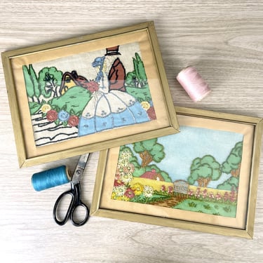 Framed hand embroidered cottage scenes - a pair - vintage 1930s framed stitchery 