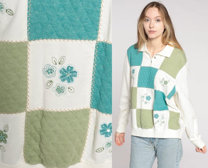 Color Block Floral Sweatshirt Embroidered Shirt Y2K Collared Grandma Sweatshirt 00s Polo Sweatshirt Vintage Slouchy Graphic Large L 