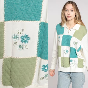 Color Block Floral Sweatshirt Embroidered Shirt Y2K Collared Grandma Sweatshirt 00s Polo Sweatshirt Vintage Slouchy Graphic Large L 