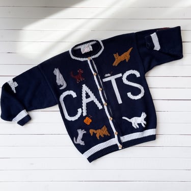 embroidered cat sweater 90s vintage Cotton Salsa navy blue cardigan 