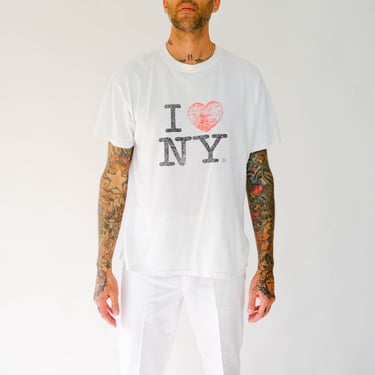 Vintage 90s I Love New York Distressed Iconic Heart Print White Single Stitch Tee | Made in USA | 100% Cotton | 1990s NYC Boxy Fit T-Shirt 