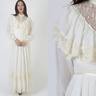 Gunne Sax Bridal Poet Sleeve Maxi Dress / 70s Cream Jessica MClintock Floral Lace / Tiered Simple Bohemian Wedding Long Gown 