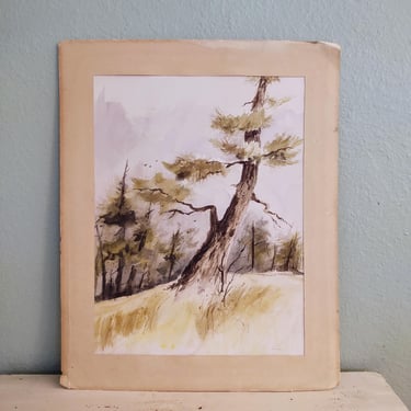 Vintage 20' x 16' Original Tree Landscape Watercolor Art Matted 