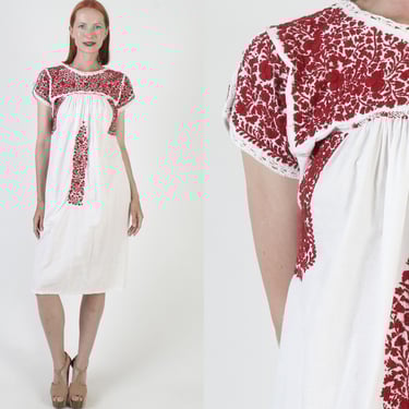 Mexican Burgundy Embroidered Dress, White Oaxacan Sundress, Fiesta Puebla Kaftan, Vintage San Antonio 
