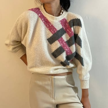 90s batwing sweater / vintage creamy white cropped batwing intarsia striped graphic lightweight cozy acrylic pullover crewneck sweater | M/L 