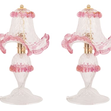 Set of 2 Clear Murano glass table lamp with artistic pink and gold leaf decoration, handmade Made in Italy 