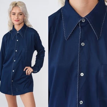 70s Navy Blue Shirt Dagger Collar Shirt Button Up Shirt Long Sleeve Top Disco Shirt Plain Seventies White Vintage 1970s Oxford Men's Medium 