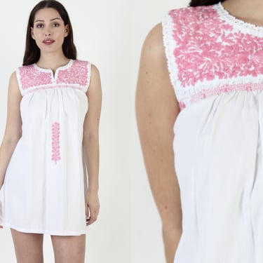 All Pink Embroidered Mexican San Antonio Mini Dress, V Neck Oaxacan Short Puebla Vestido, Made In Mexico 