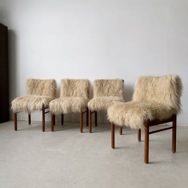 TEAK & MONGOLIAN LAMB FUR DINING CHAIRS, SET OF 4