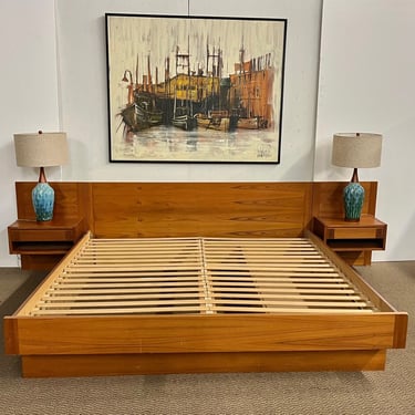 Mid Century Modern Danish Teak King Size Platform Bed With Under Bed Storage Drawer 