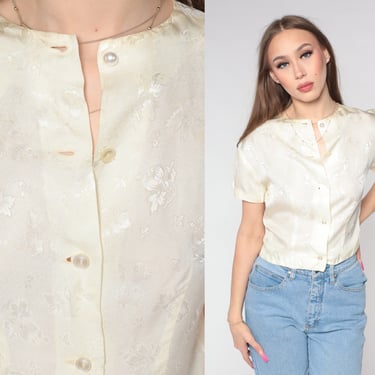 Floral Embossed Blouse 60s Off-White Pearl Button Up Top 1960s Formal Party Blouse Cream Shirt Crop Top Vintage Formal Boho Hippie Small S 