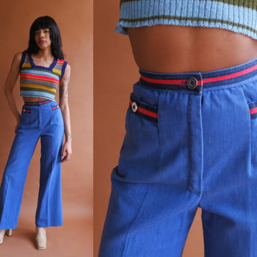 Vintage 70s Stripe Trim Bell Bottoms/ 1970s High Waisted Wide Leg Denim/ Size 24 