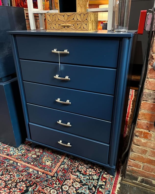 Blue painted mmm chest of drawers 36” x 19” x 46” Call 202-232-8171 to purchase