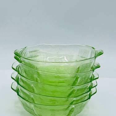 Vintage Green Vaseline glass set of (4) Sherbet  Glasses-Nice- Federal Glass- Depression Glass 