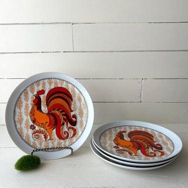 Vintage Handpainted Rooster Plates, MCM Rooster/Hen Plates, Color Farmhouse Plates 