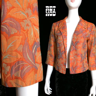 Lovely Vintage 60s Orange Brocade Leaves Light Jacket Blazer 