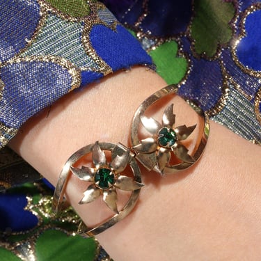 Beautiful Vintage 50s 60s Gold Clamp Bracelet with Emerald Rhinestone Flowers 