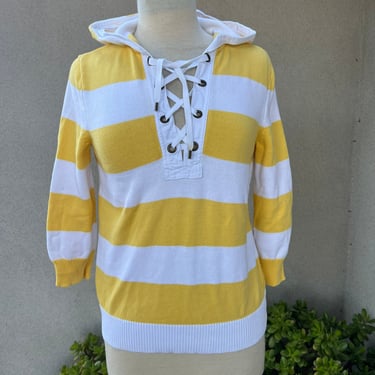 Vintage Ralph Lauren striped yellow white top lace up neckline hood sz S 