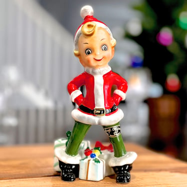 VINTAGE: RARE Josef Originals Christmas Elf Pixie Santa Suit Guarding Present Gifts - Made in Japan - Holidays - SKU 00040213 