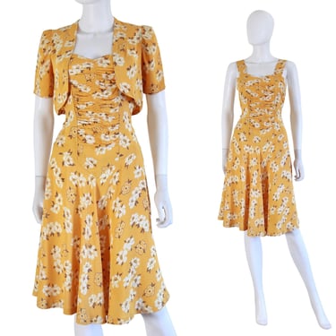 Late 30s / 1940s Mustard Yellow Floral Cold Rayon Dress & Bolero Set - 40s Floral Dress - 1940s Yellow Dress - 1940s Dress Set | Size Small 