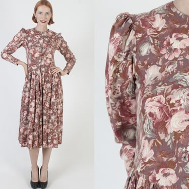 80s Laura Ashley Floral Dress, Autumn All Over Flower Print, Designer Barn Wedding Dress With Pockets 