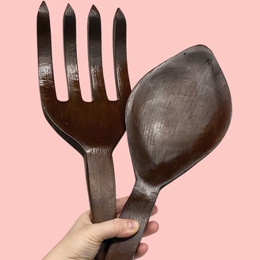 Vintage Fork and Spoon Wall Decor Retro 1960s Mid Century Modern + XL 29" + Brown Wood + Hand Carved + MCM Kitchen + Hanging + Oversized 