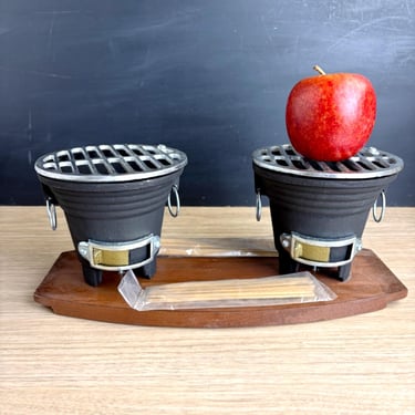 Tabletop mini hibachi grill duo - 1960s cast iron - NIB 