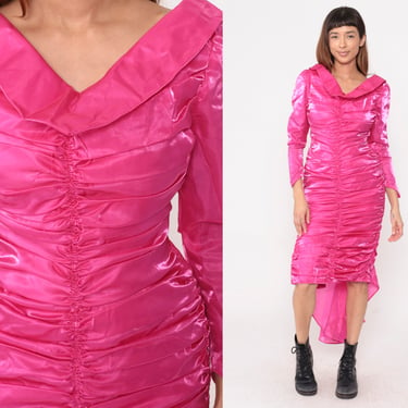 Hot Pink Satin Dress 80s Ruched Party Dress Long Puff Sleeve Midi Sheath Vintage 1980s Prom Formal Back Train Cocktail Pleated Small S 