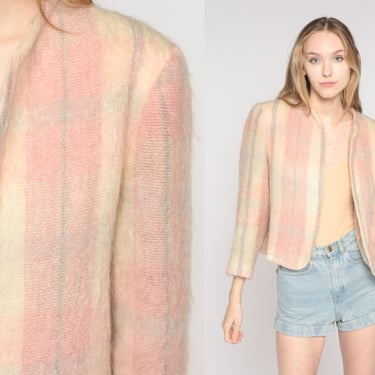 70s Striped Blazer Pink Tan Open Front Jacket Mohair Blend Cropped Jacket Professor 60s Checkered Preppy Formal Coat Vintage 1970s Small S 